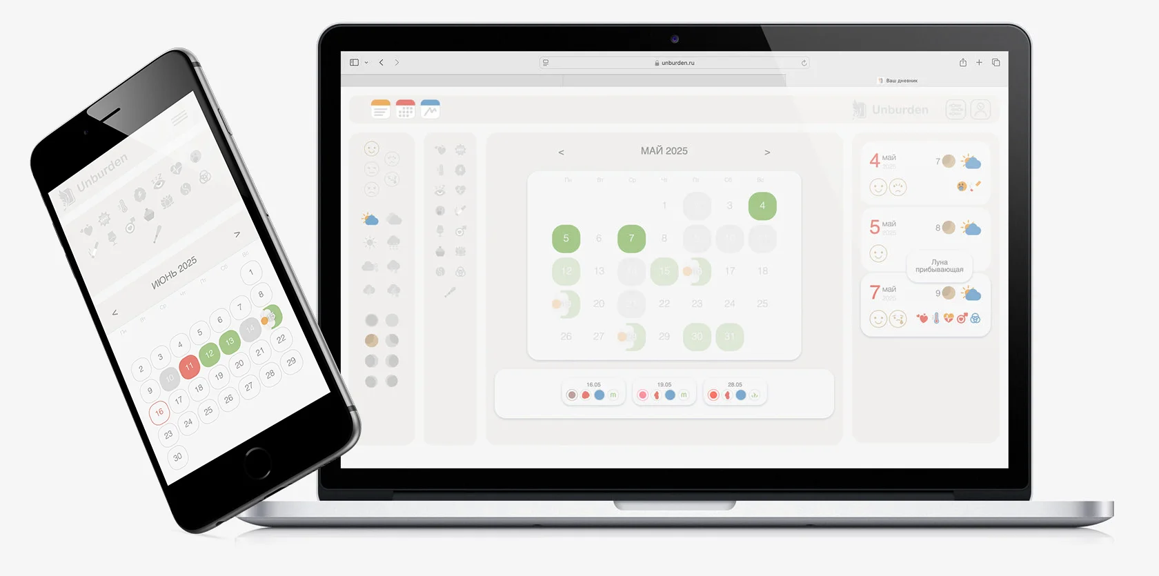 Статистика и графики эмоционального состояния в приложении Unburden